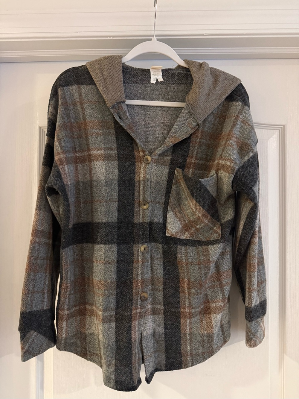 7th Roy - Plaid Hooded Button-Up Shacket in Gray and Brown - Size Small